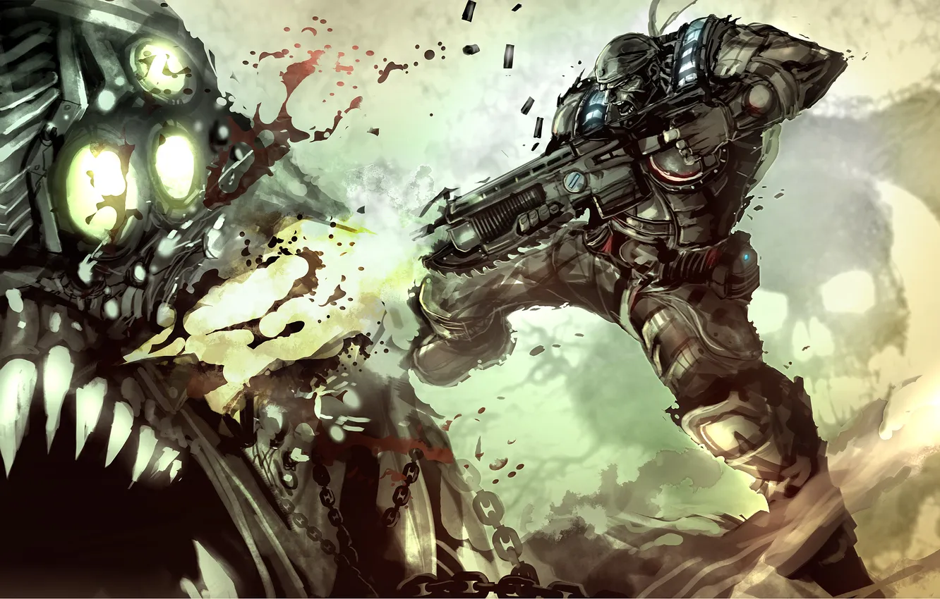 Photo wallpaper skull, monster, shot, soldiers, chain, machine, Gears of War, equipment