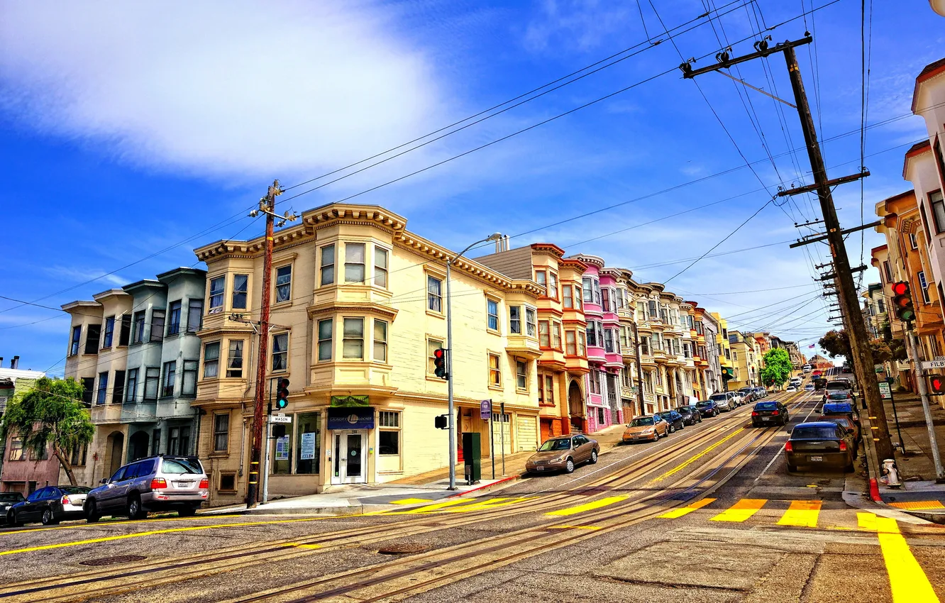 Photo wallpaper machine, street, rails, home