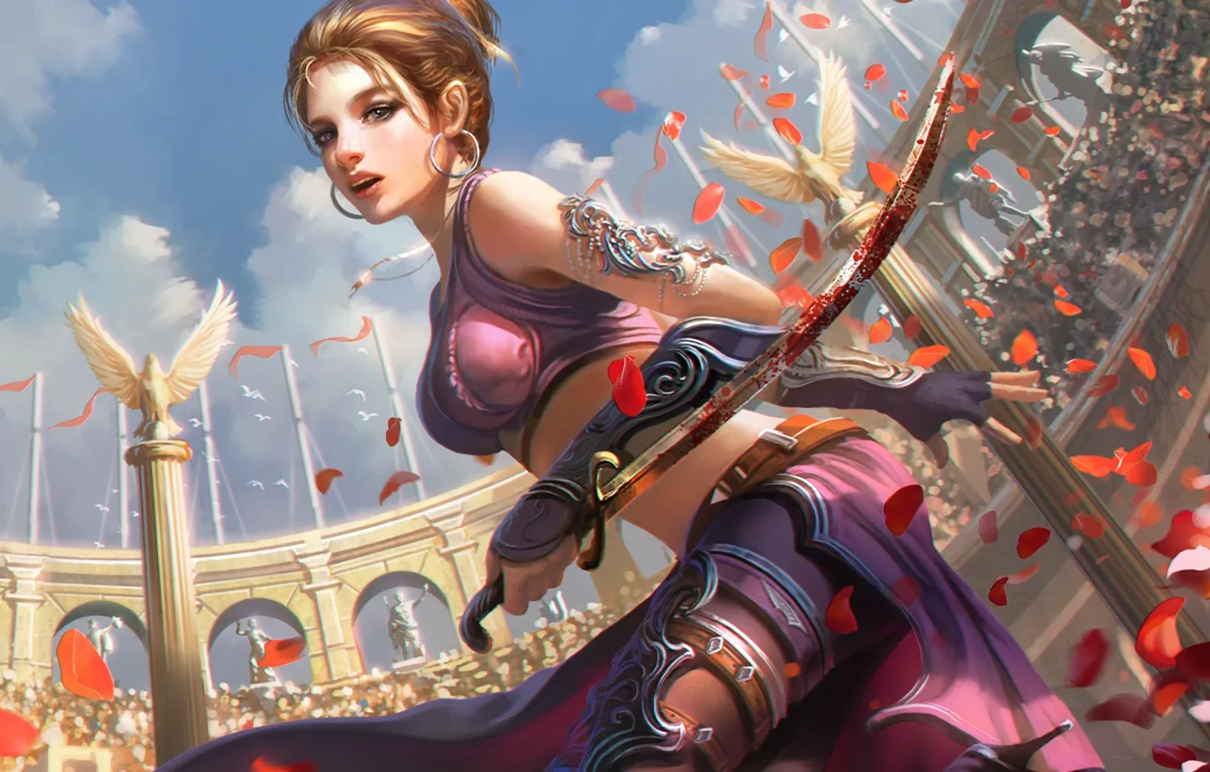 Photo wallpaper girl, blood, petals, arena, blade
