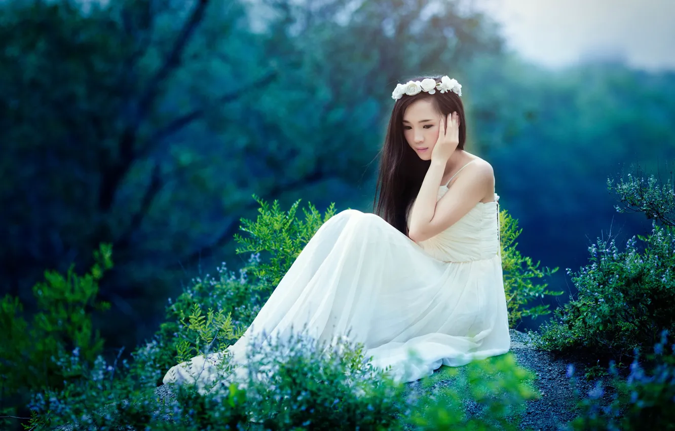 Photo wallpaper forest, leaves, girl, trees, flowers, reverie, branches, blue