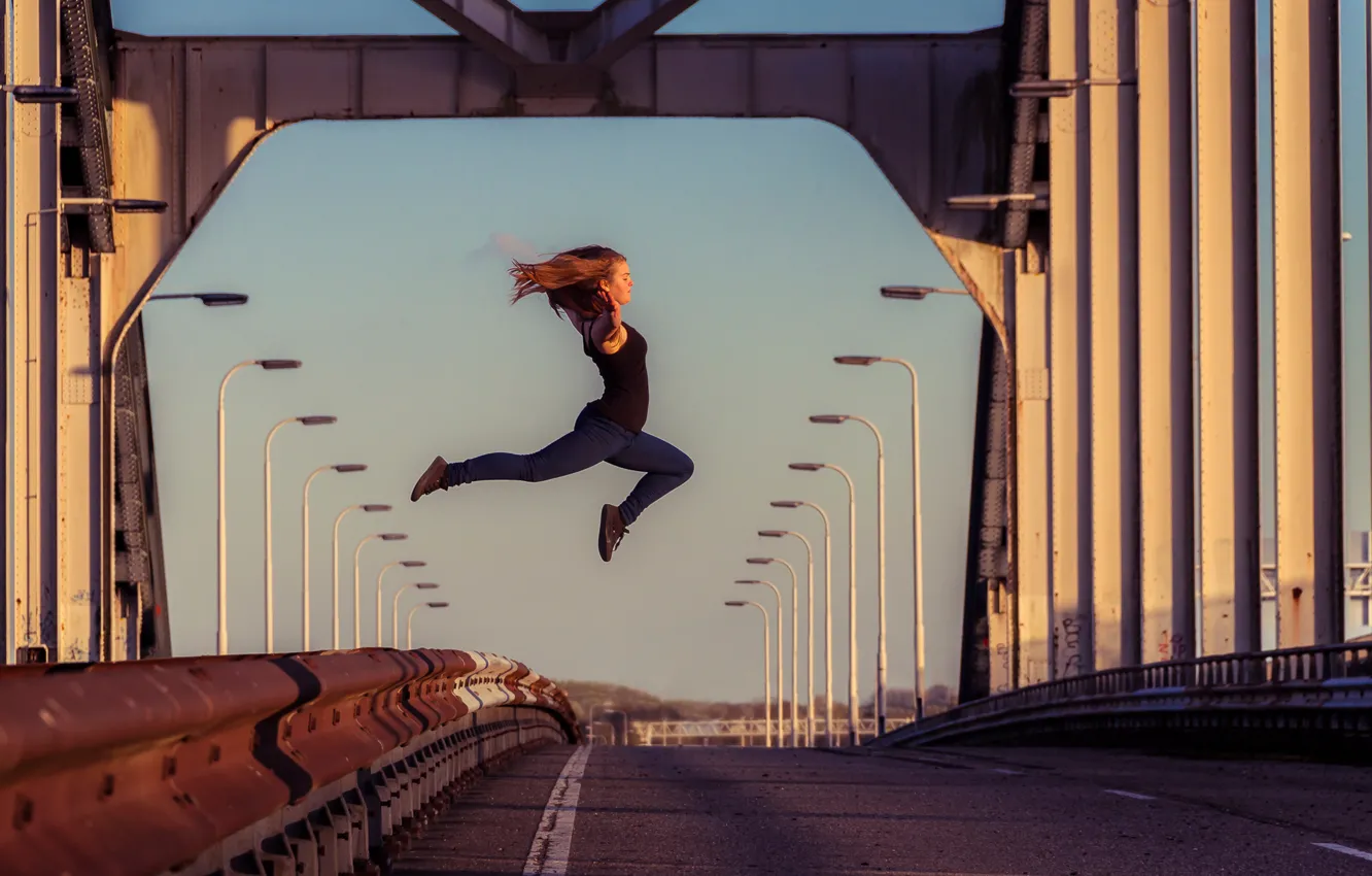 Photo wallpaper girl, bridge, jump