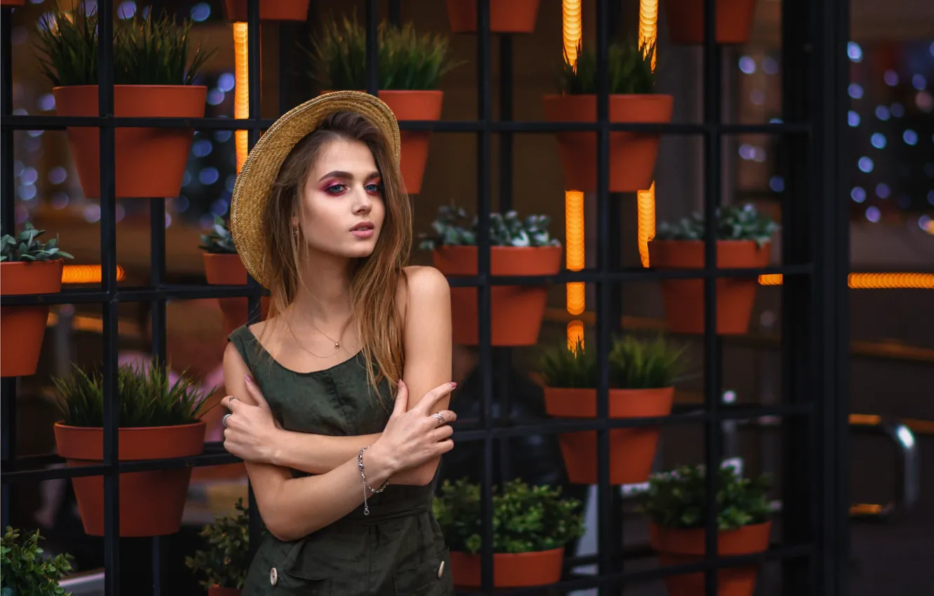 Photo wallpaper girl, dress, hat, photographer, blue eyes, model, brunette, Dmitry Medved