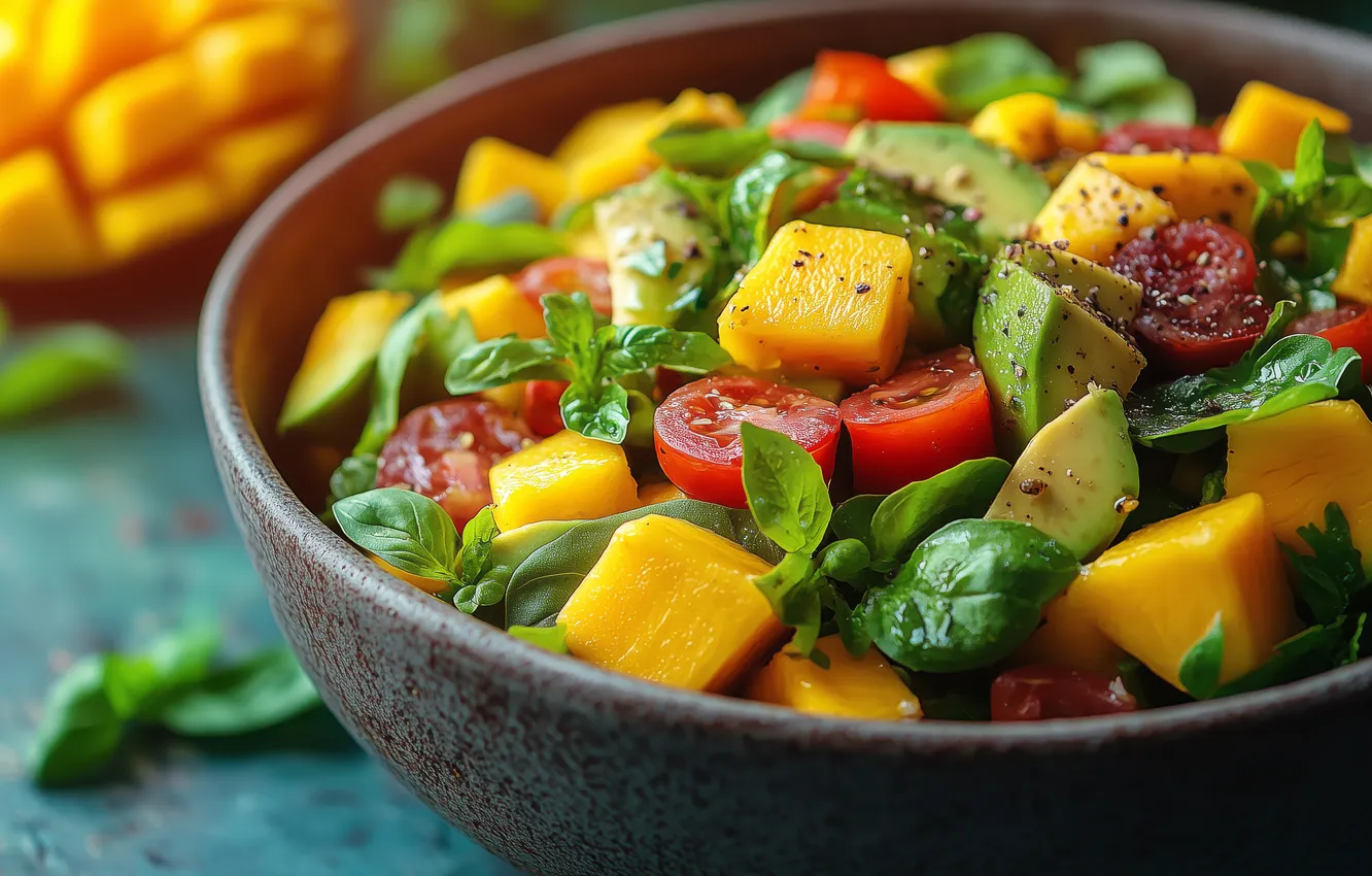 Photo wallpaper leaves, food, bowl, fruit, mango, vegetables, tomatoes, cutting