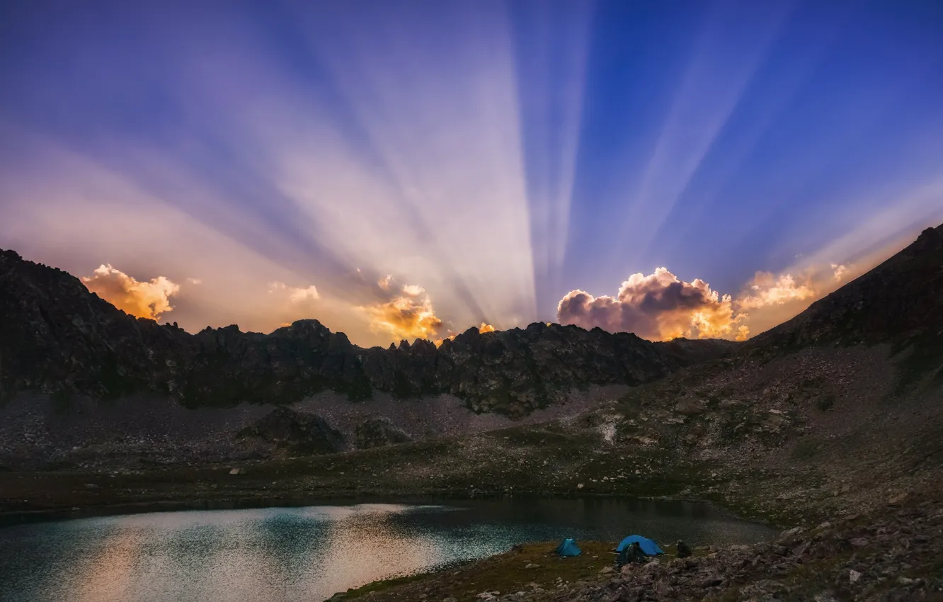 Photo wallpaper clouds, rays, landscape, sunset, mountains, nature, lake, tent