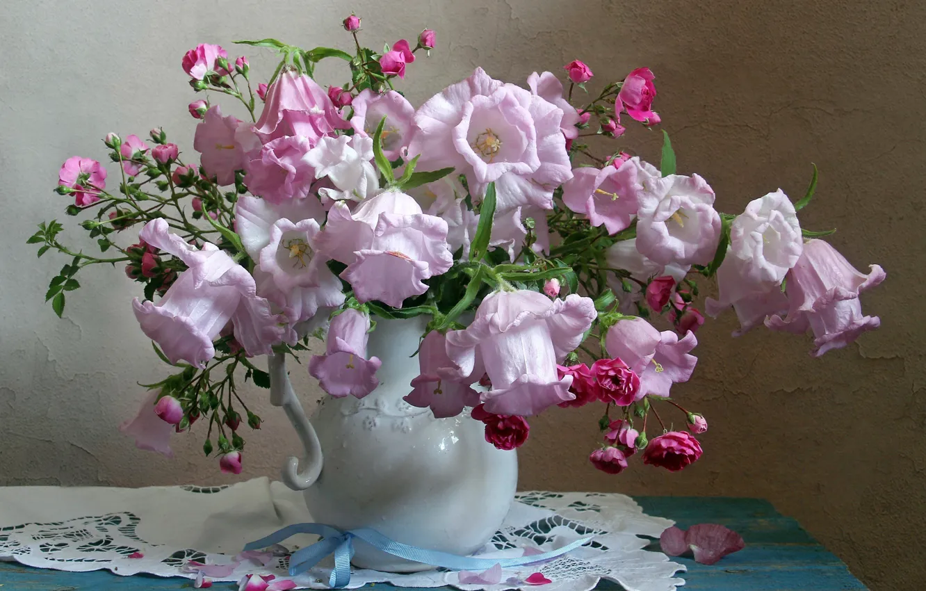 Photo wallpaper roses, bouquet, pink, pitcher, bells