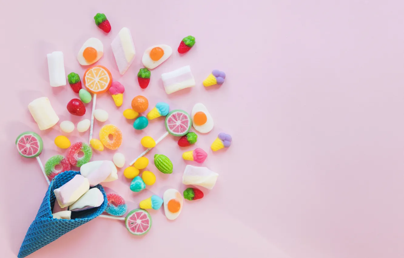 Photo wallpaper candy, horn, pink background, candy