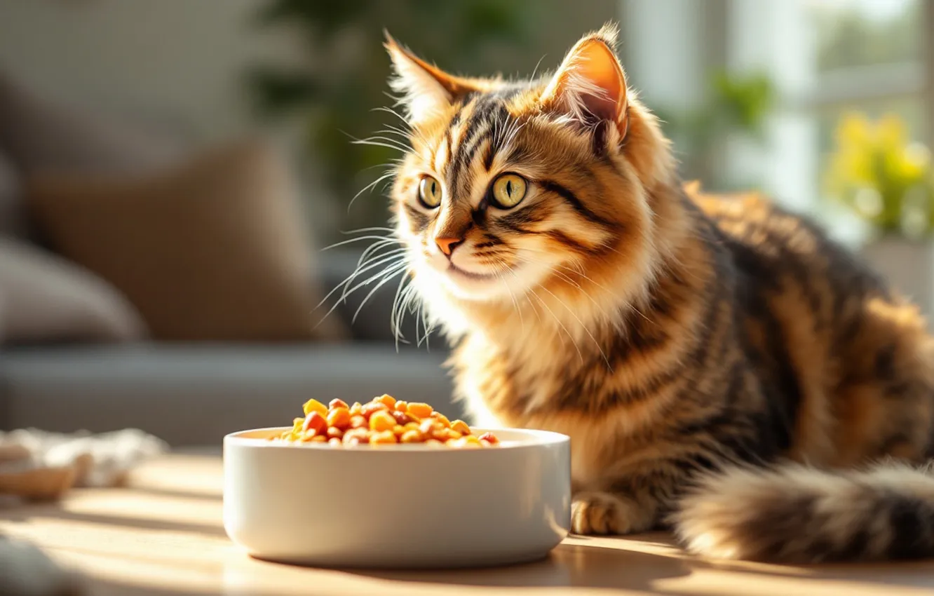 Photo wallpaper cat, cat, look, light, pose, bowl, face, striped