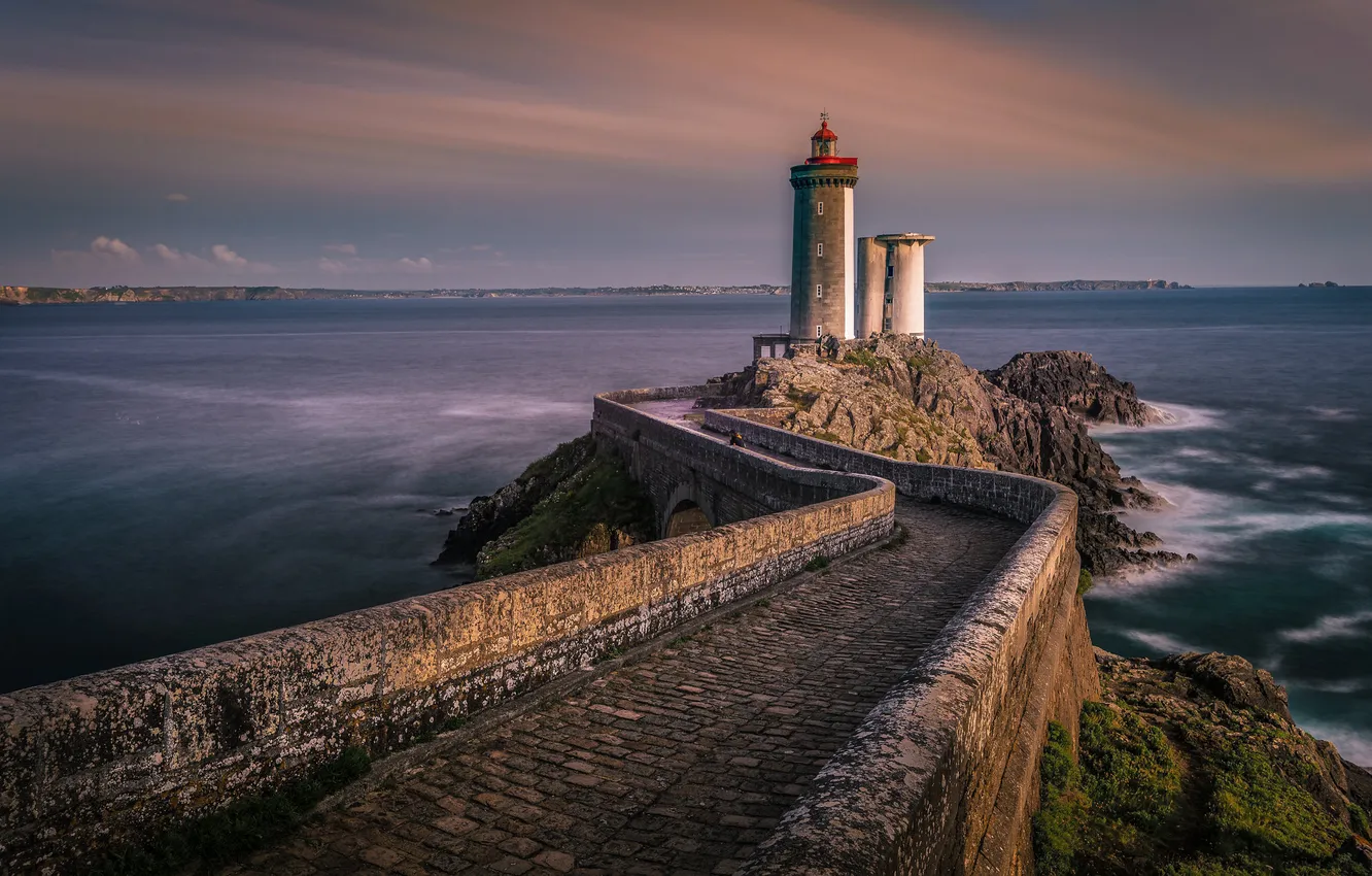 Photo wallpaper bridge, pierce, shore, sea, lighthouse, rocks, Cape, clouds