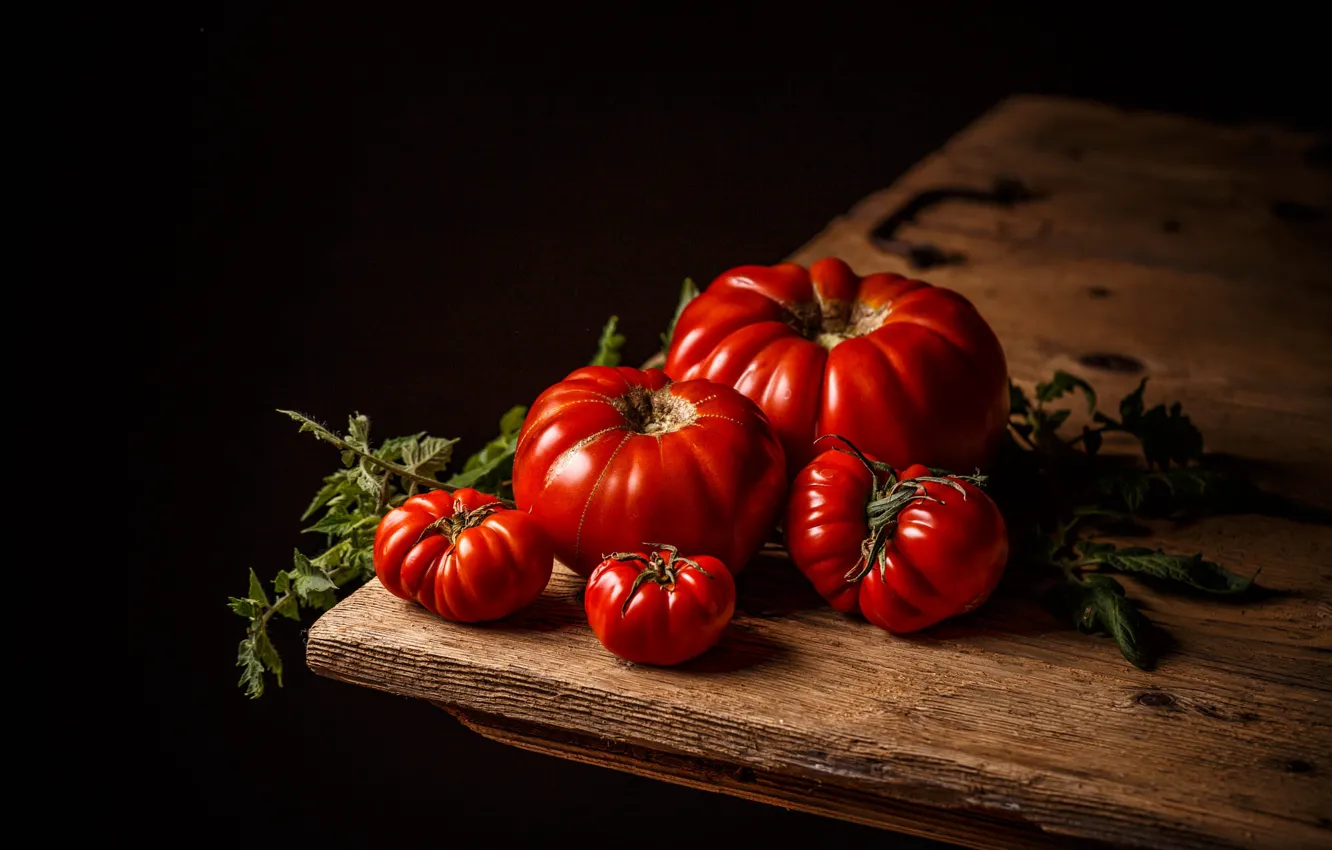 Photo wallpaper greens, light, red, bright, food, black background, vegetables, tomatoes