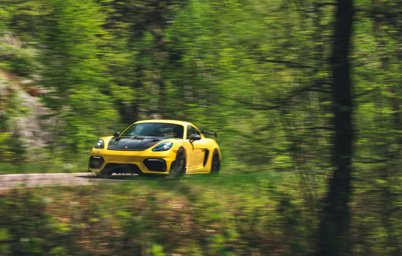 Photo wallpaper yellow, Porsche, Cayman, Porsche, in motion, Weissach Package, 718, Porsche 718 Cayman GT4 RS