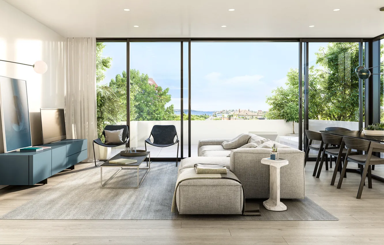 Photo wallpaper sofa, living room, dining room, simple scandinavian inspired interior, simple Scandinavian-style interior