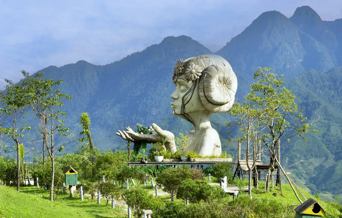 Photo wallpaper girl, mountains, nature, hands, statue