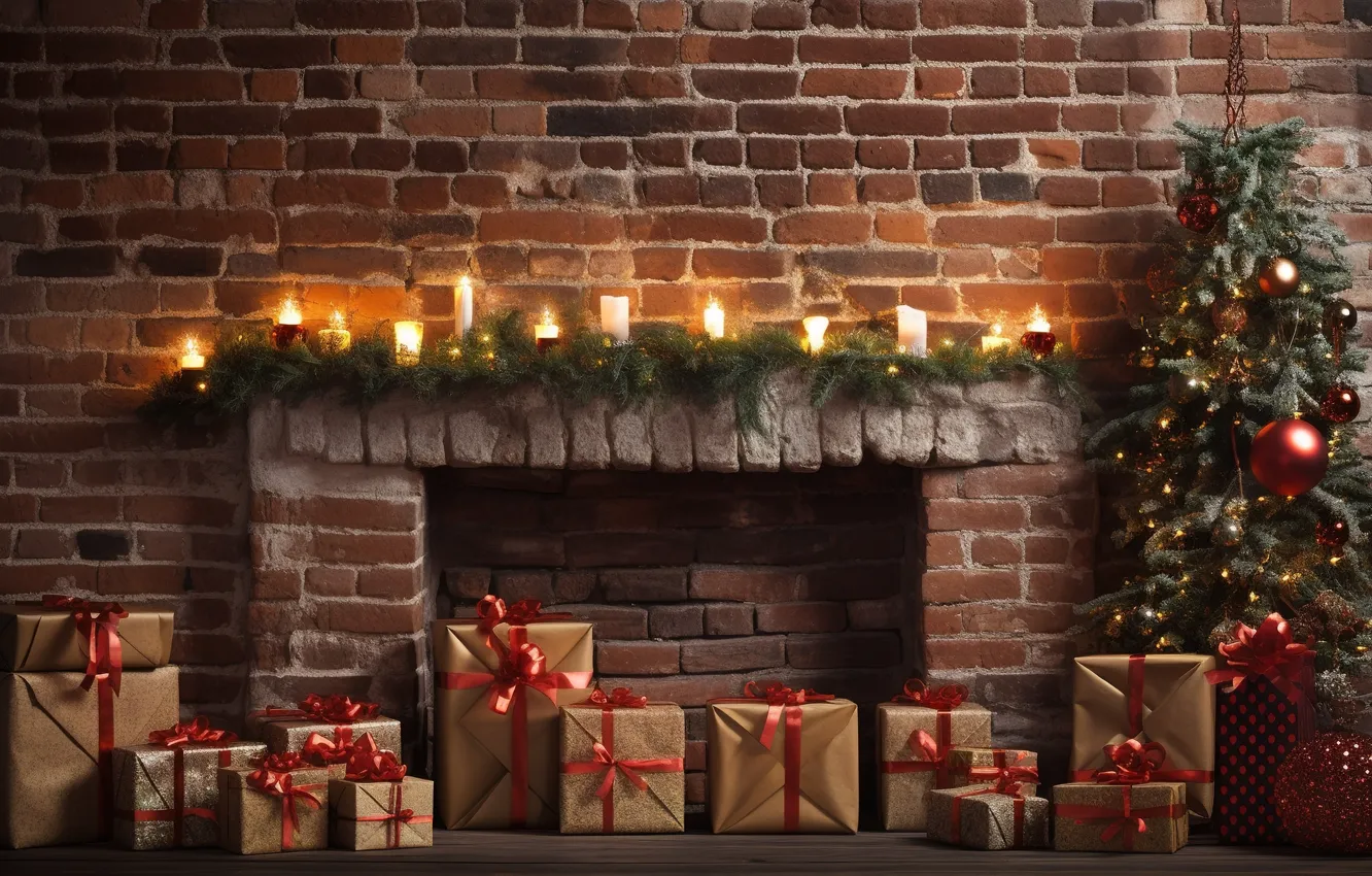 Photo wallpaper decoration, room, gift, balls, tree, new year, interior, Christmas