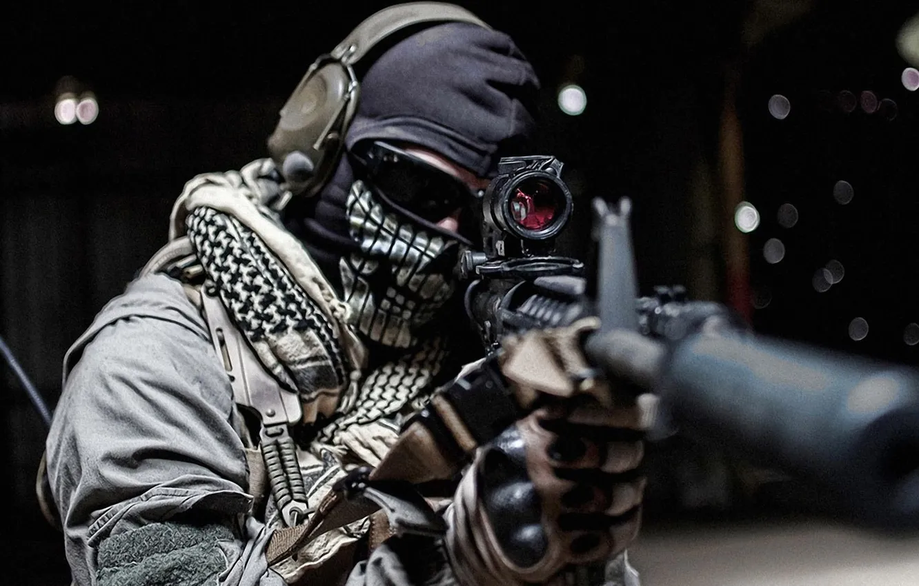 Photo wallpaper fighter, weapon, rifle, mask, warrior