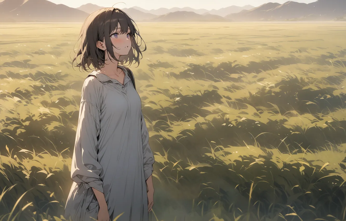 Photo wallpaper field, girl, the sun, anime, girl, field, woman, anime
