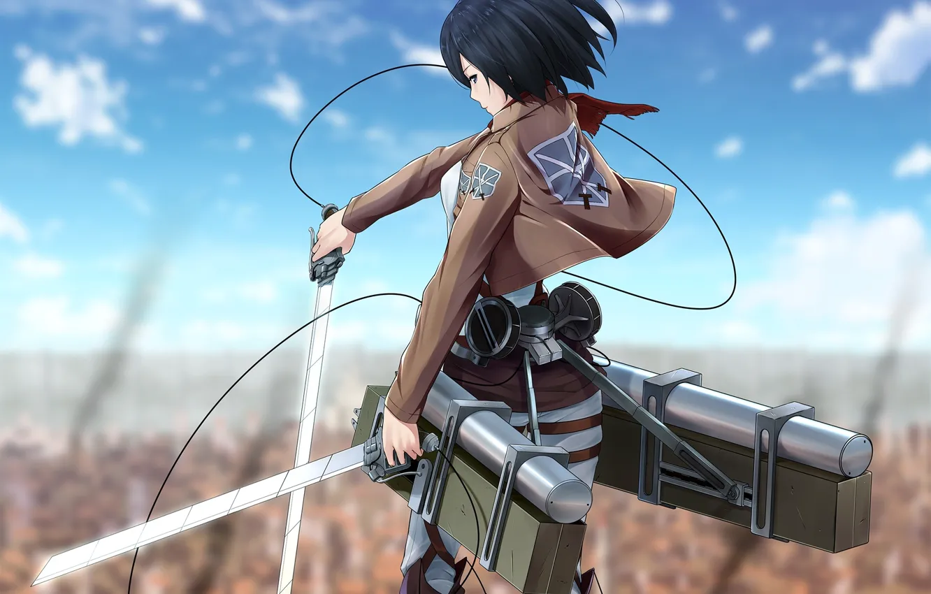 Photo wallpaper look, girl, the city, wall, anger, scarf, swords, art