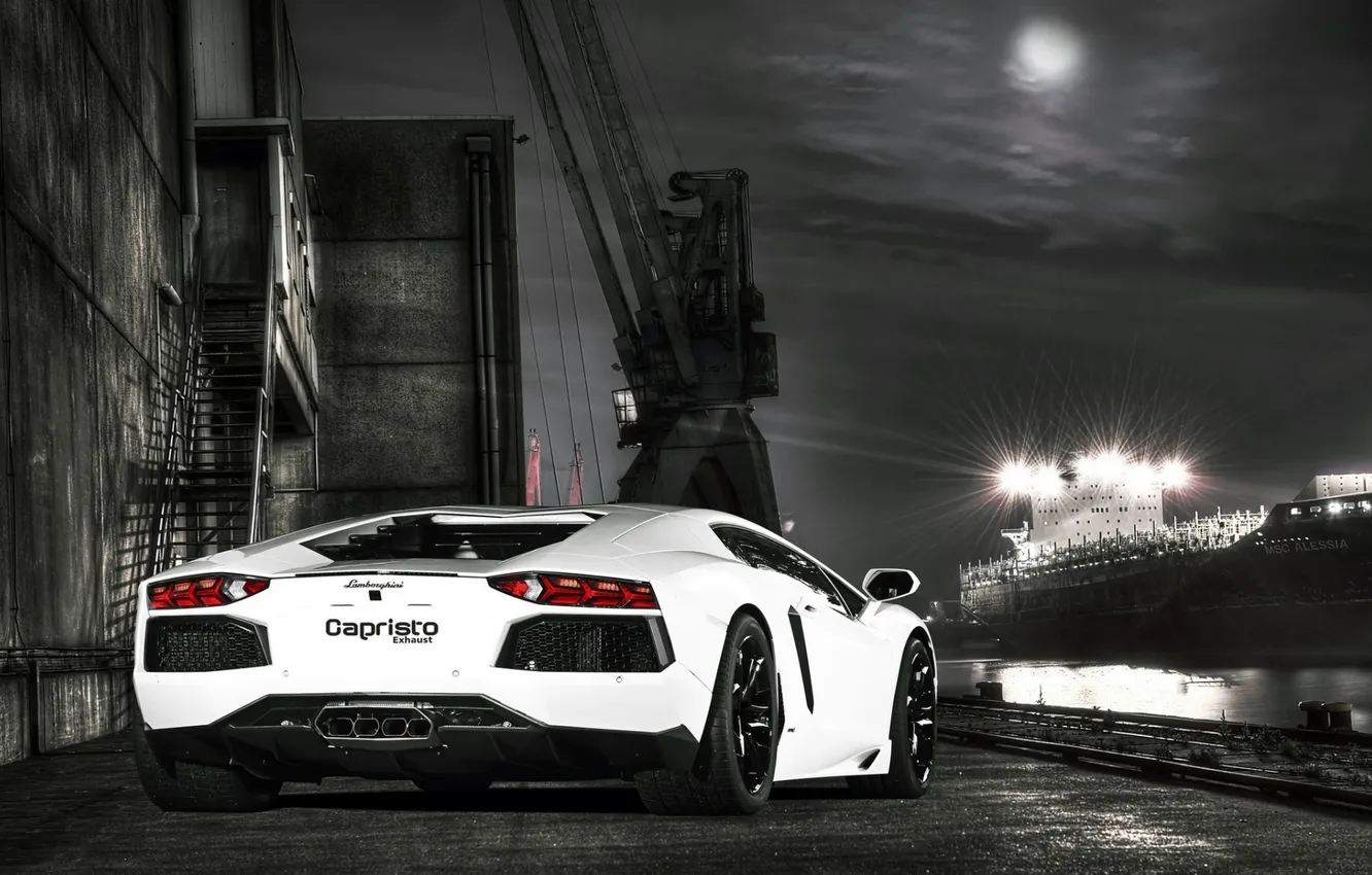 Photo wallpaper white, the sky, night, the moon, tuning, ship, Lamborghini, port