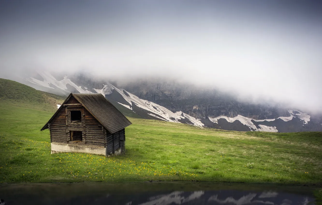 Photo wallpaper landscape, mountains, fog, house