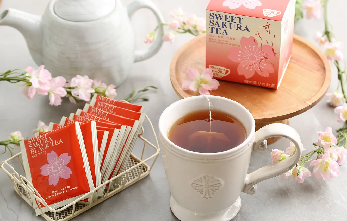 Photo wallpaper Sakura, Cup, drink, black tea