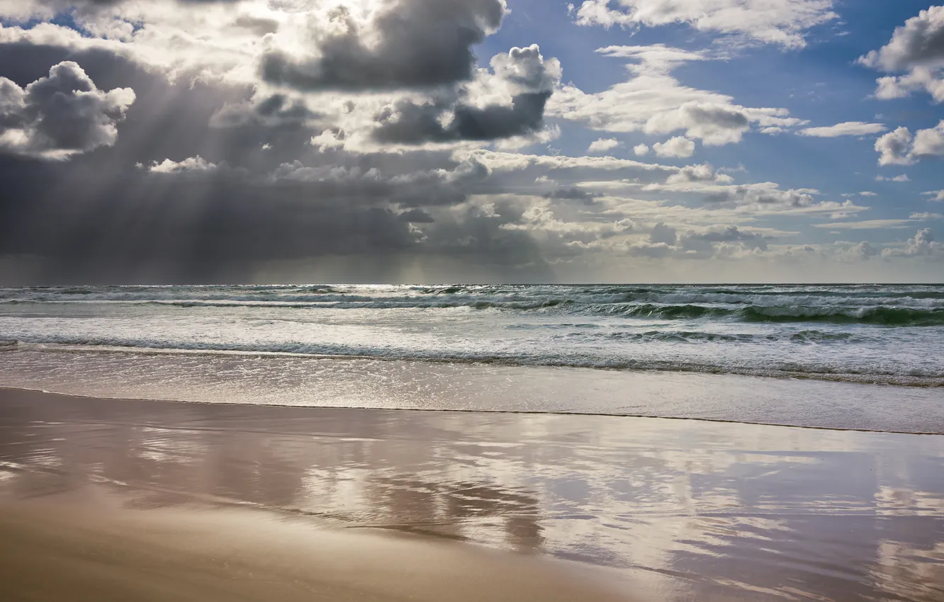 Photo wallpaper sea, the sky, clouds, rays, the ocean, shore, morning