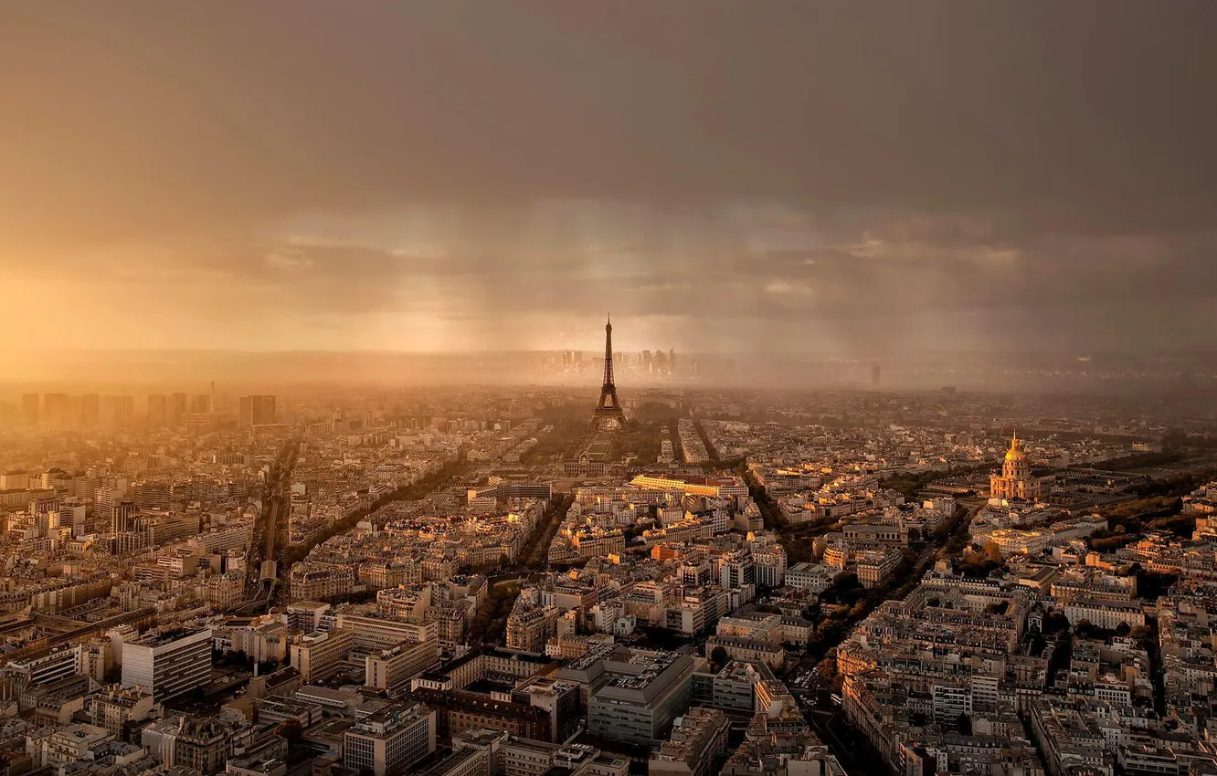 Photo wallpaper sunset, clouds, the city, Paris, view, building, panorama, Eiffel tower