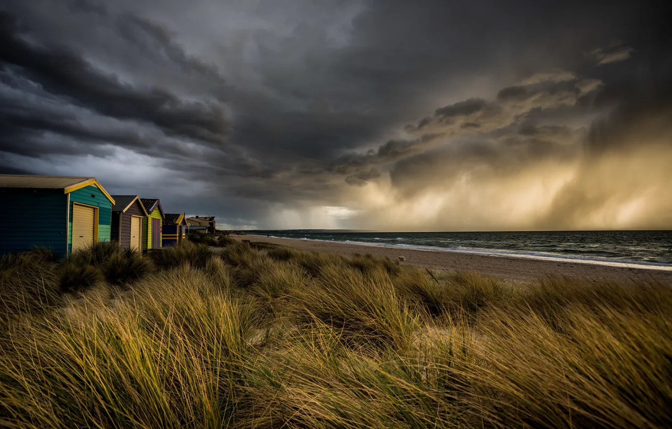 Photo wallpaper storm, sunset, clouds, Beach box, Chelsea Beach