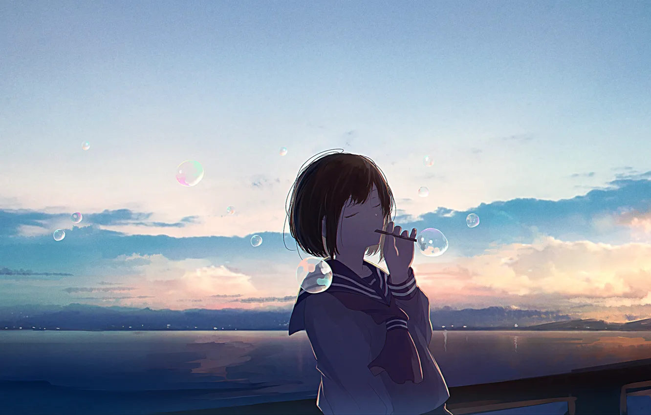 Photo wallpaper the sky, water, girl, bubbles