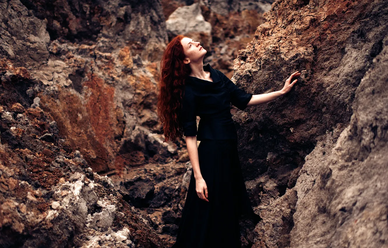 Photo wallpaper girl, stones, dress, in black