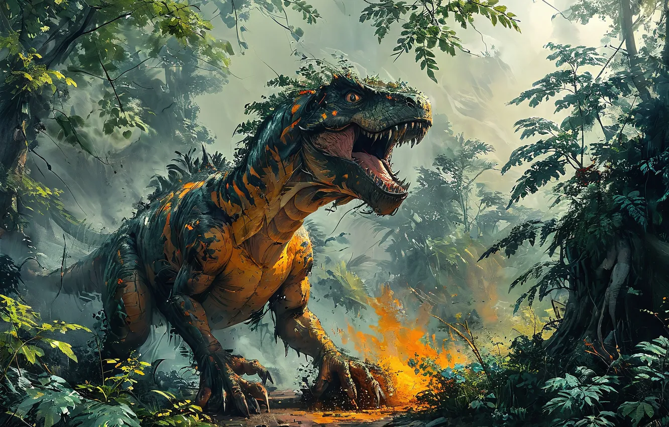 Photo wallpaper forest, plant, dinosaur