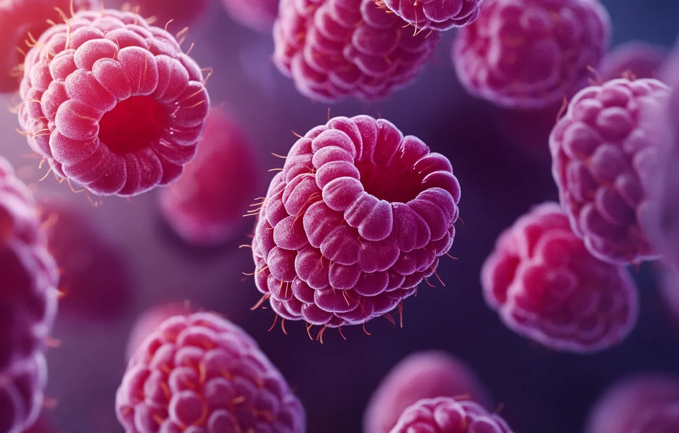 Photo wallpaper flight, berries, raspberry, lilac background, In The Air, AI art, neural network