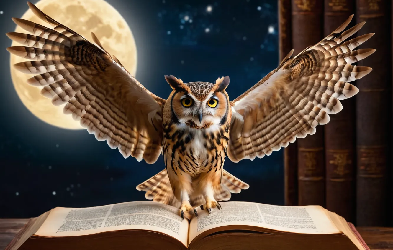 Photo wallpaper look, night, the dark background, owl, bird, the moon, book, the full moon