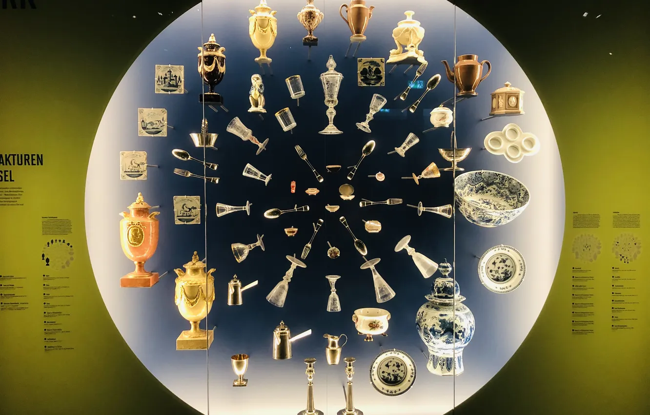 Photo wallpaper circles, green, the inscription, glass, kettle, spoon, plug, Museum