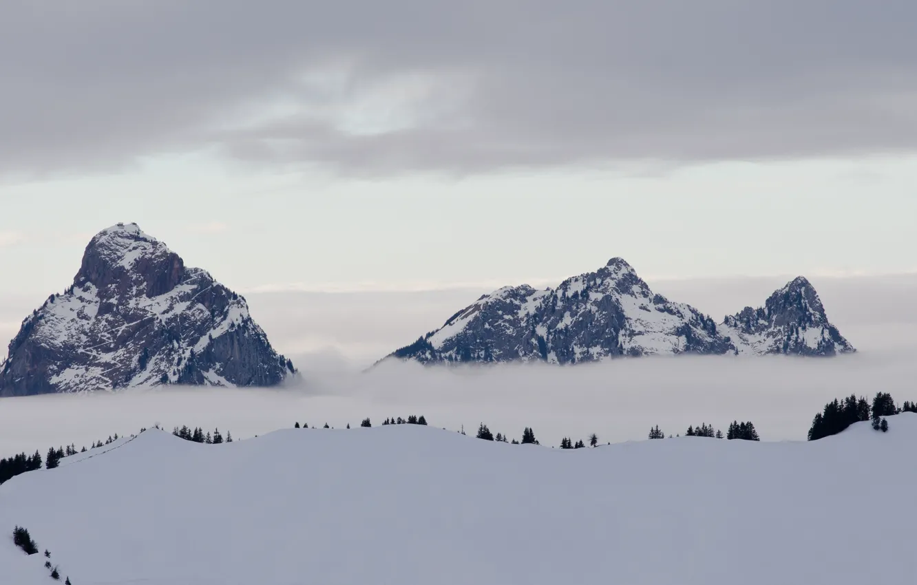 Photo wallpaper clouds, mountains, serenity, mountains, clouds, serenity, house top, house on top