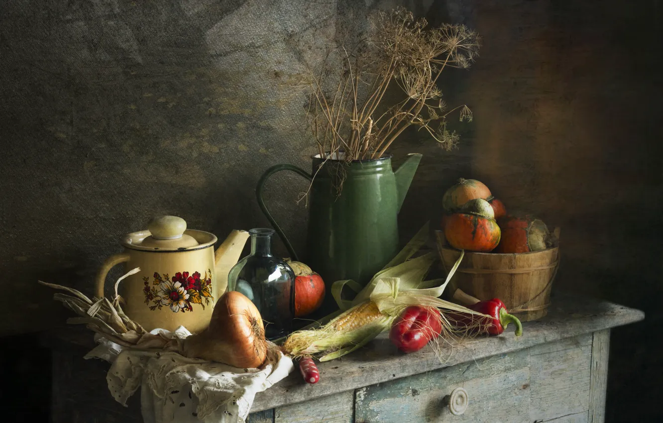 Photo wallpaper table, towel, corn, kettle, bow, dill, pumpkin, pepper