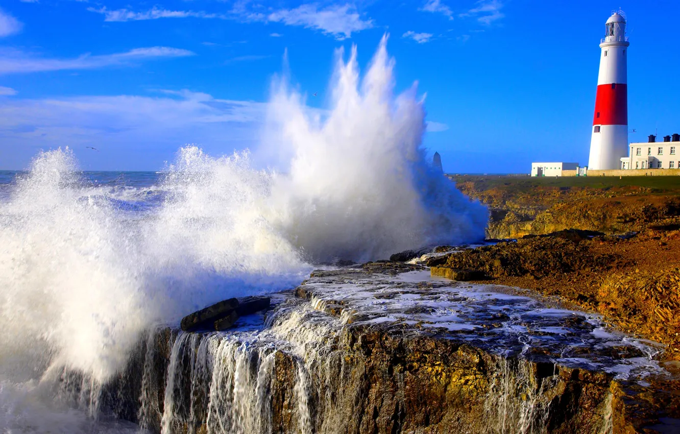 Photo wallpaper sea, the sky, squirt, storm, rocks, lighthouse