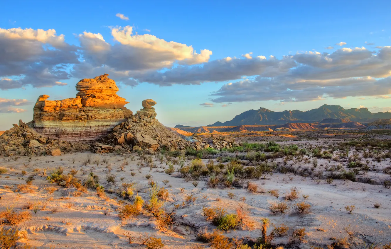 Photo wallpaper the sky, grass, clouds, sunset, mountains, rock, America, Prairie