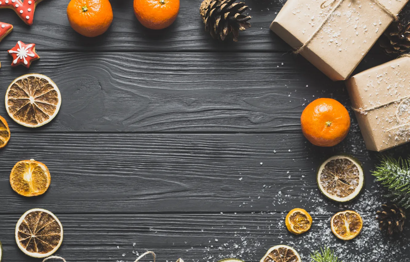 Photo wallpaper gift, new year, spruce, citrus