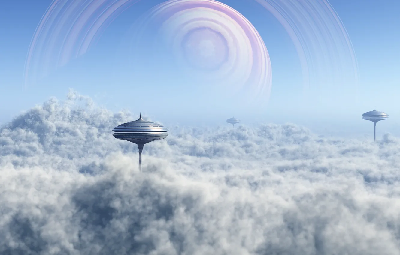 Photo wallpaper the sky, clouds, the city, fiction, planet, station, art