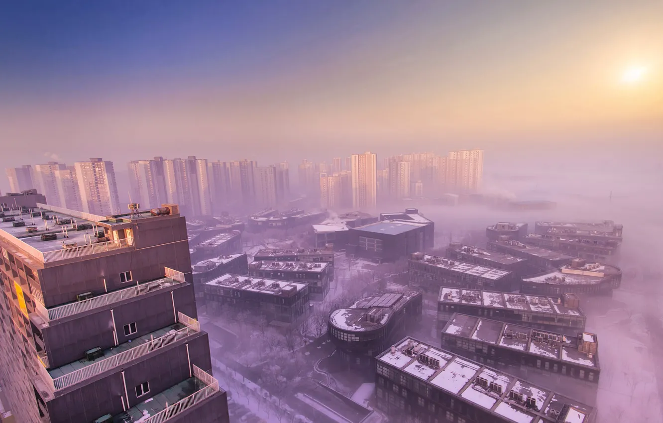 Photo wallpaper winter, fog, home, China, haze, could, Beijing