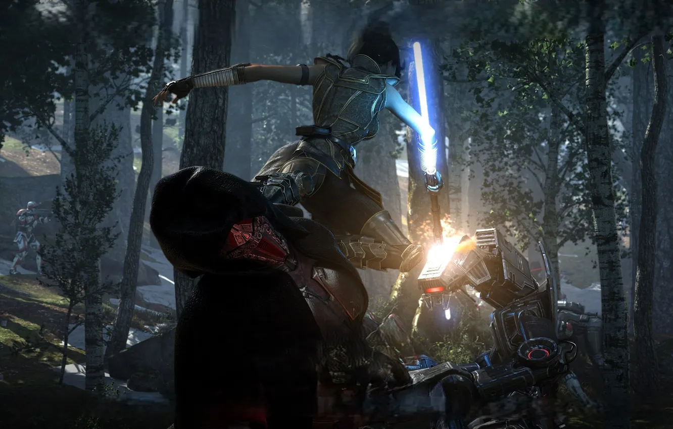 Photo wallpaper forest, battle, swords, Jedi, Sith, the fight, Star Wars The Old Republic