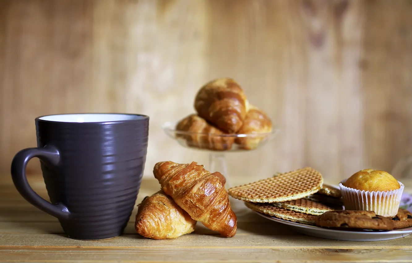 Photo wallpaper table, Breakfast, cookies, plate, Cup, vase, bokeh, cupcakes
