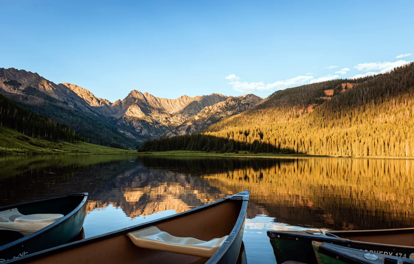 Photo wallpaper mountains, lake, sunrise, boat, USA, USA, jungle, Colorado
