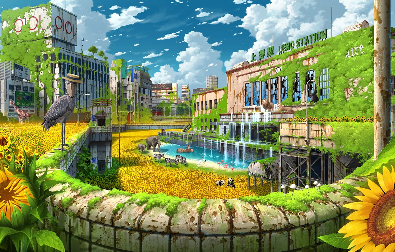 Photo wallpaper the sky, sunflowers, fiction, animal, elephant, giraffe, Zebra, Tokyo