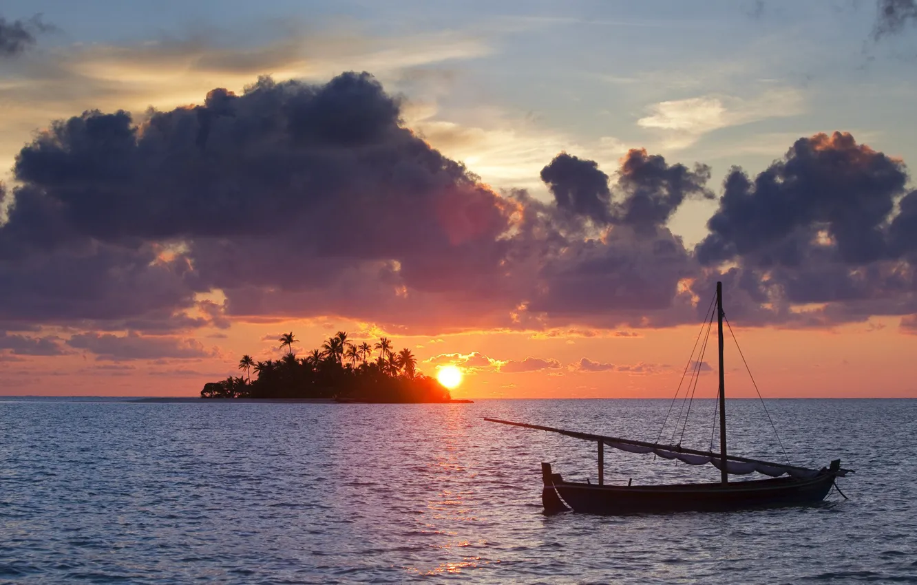 Photo wallpaper sunset, tropics, the ocean, boat, island, the evening