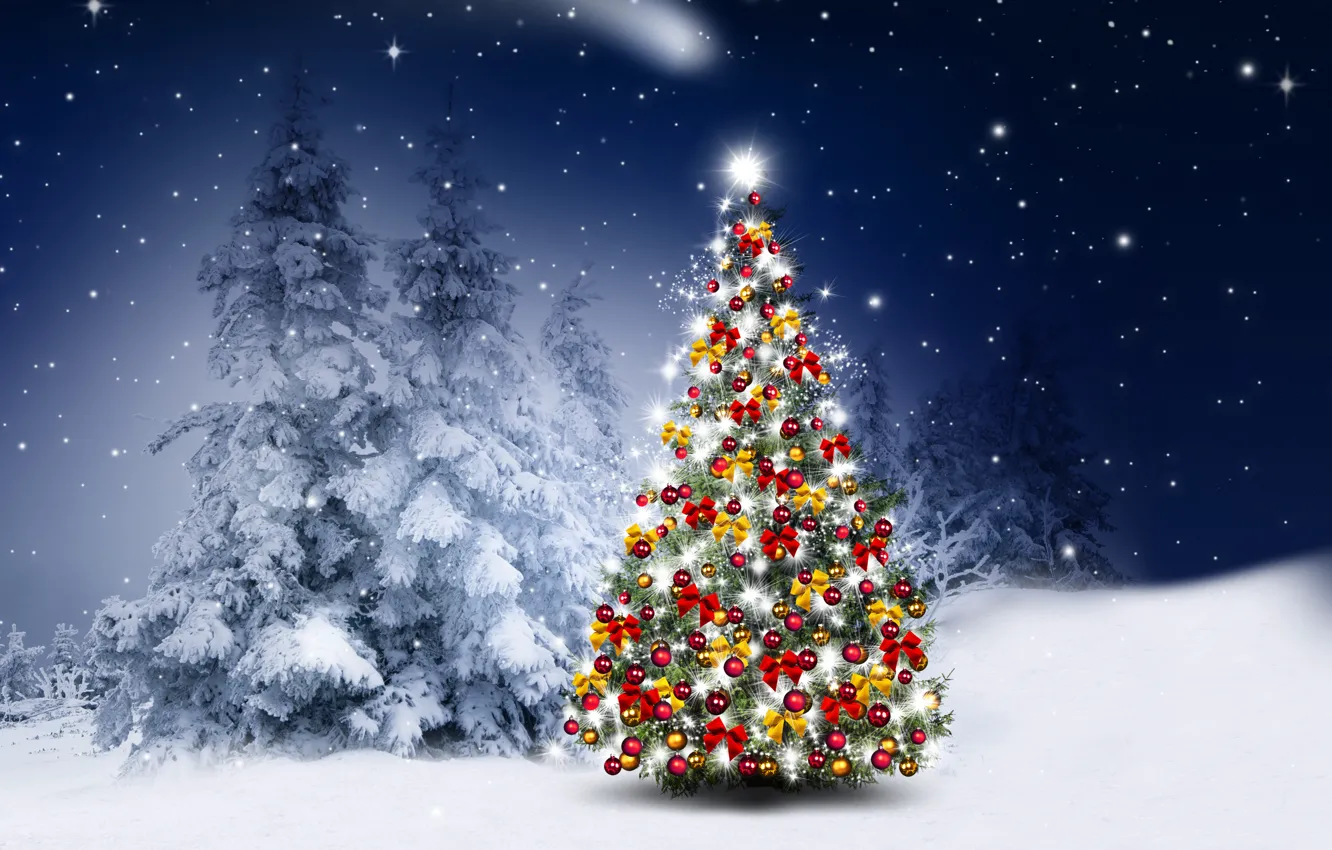 Photo wallpaper winter, snow, decoration, snowflakes, balls, tree, New Year, Christmas