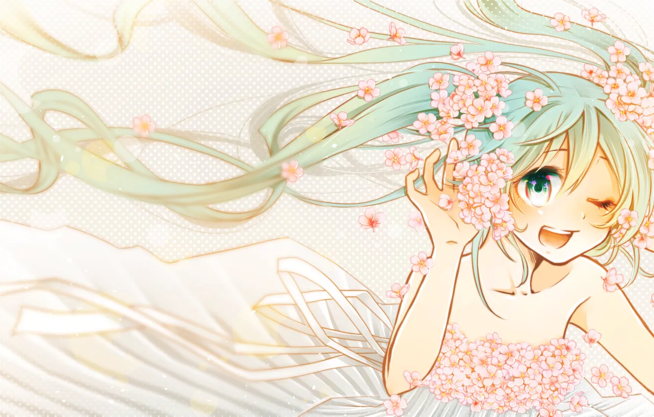 Photo wallpaper girl, joy, flowers, smile, anime, Sakura, art, vocaloid