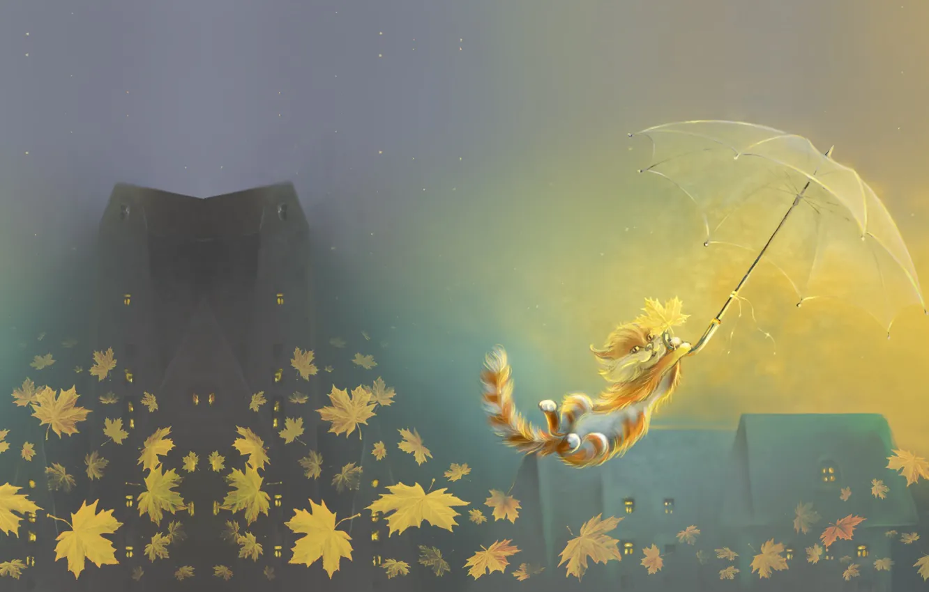 Photo wallpaper autumn, leaves, flight, umbrella, mood, the wind, cat, art