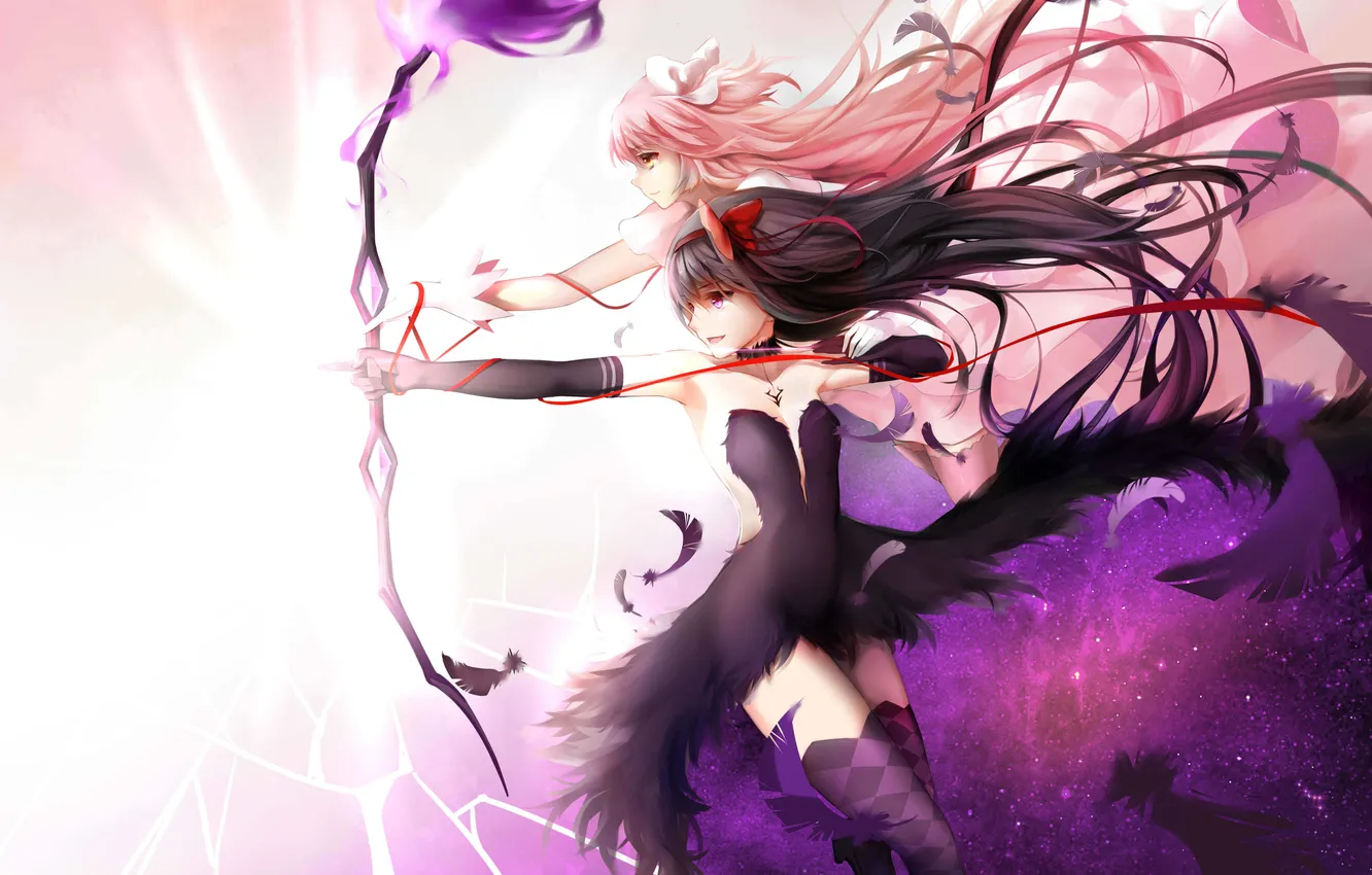 Photo wallpaper girl, smile, weapons, magic, bow, arrows, art, mahou shoujo madoka magica