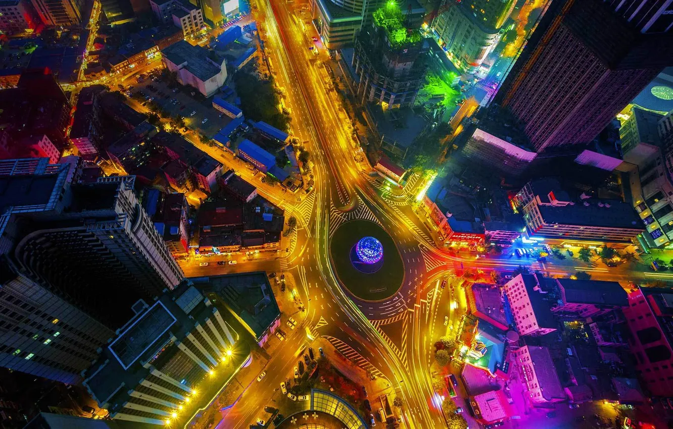 Photo wallpaper night, lights, home, China, street, Friendship Square, Dalian