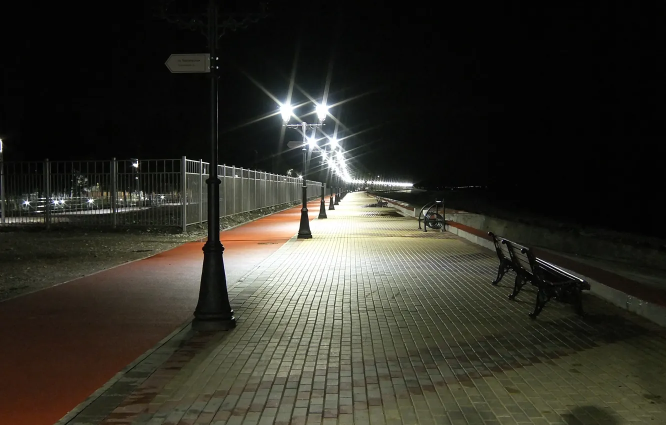 Photo wallpaper sea, landscape, night, lantern, promenade
